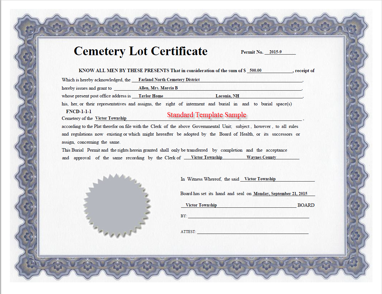 Cemetery Plot Deed Template Printable